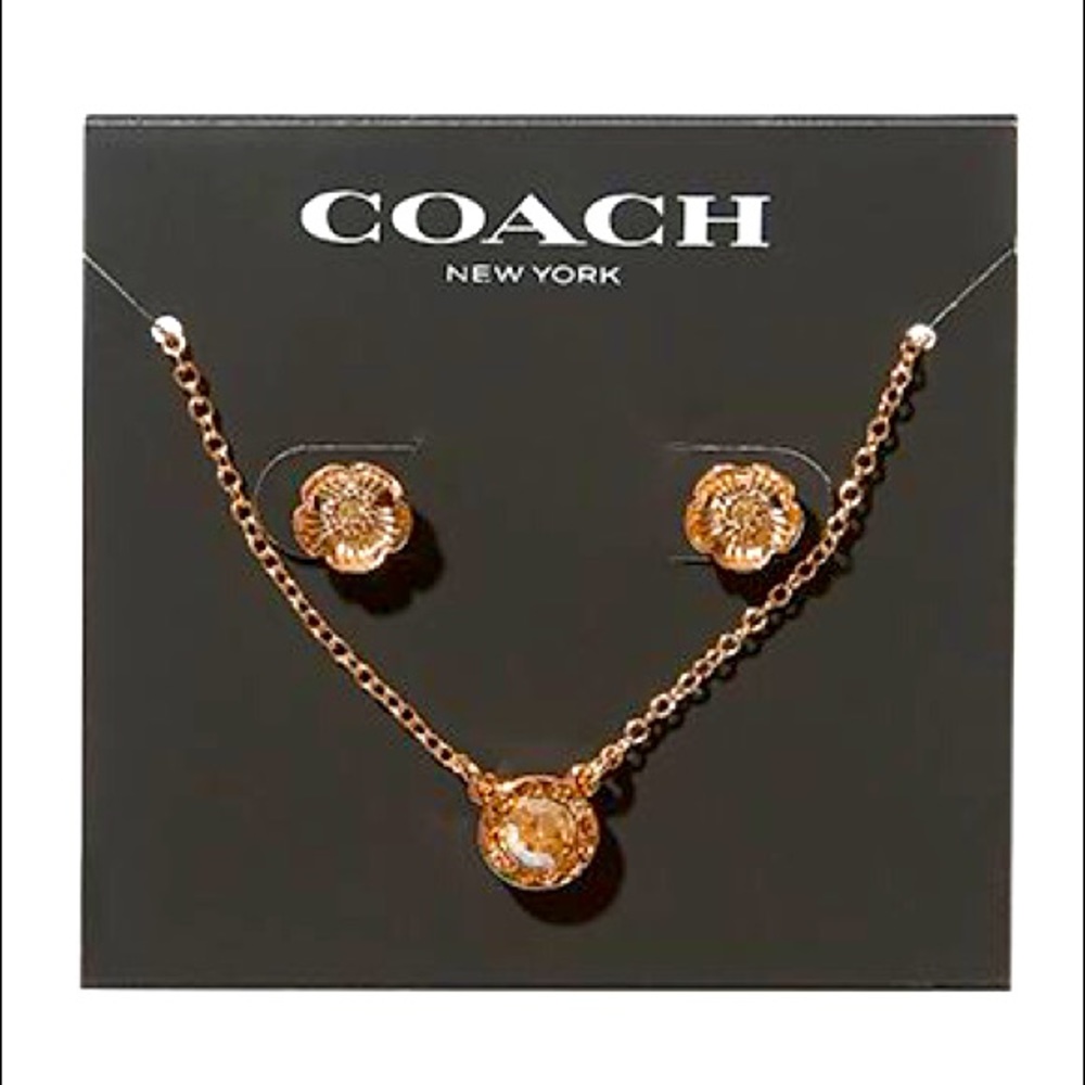Coach Open Circle Necklace And Tea Rose Stud Earrings Set NWT